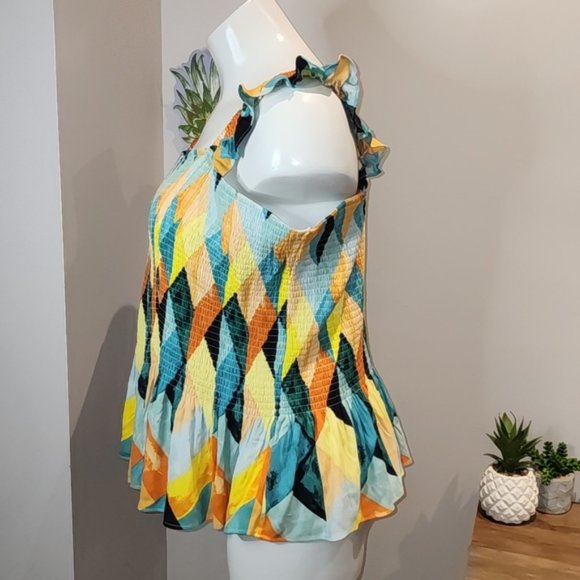 Torrid - Peplum Washable Crinkle Gauze Smocked Tank Top in Geo-Multi - Picture 4 of 13